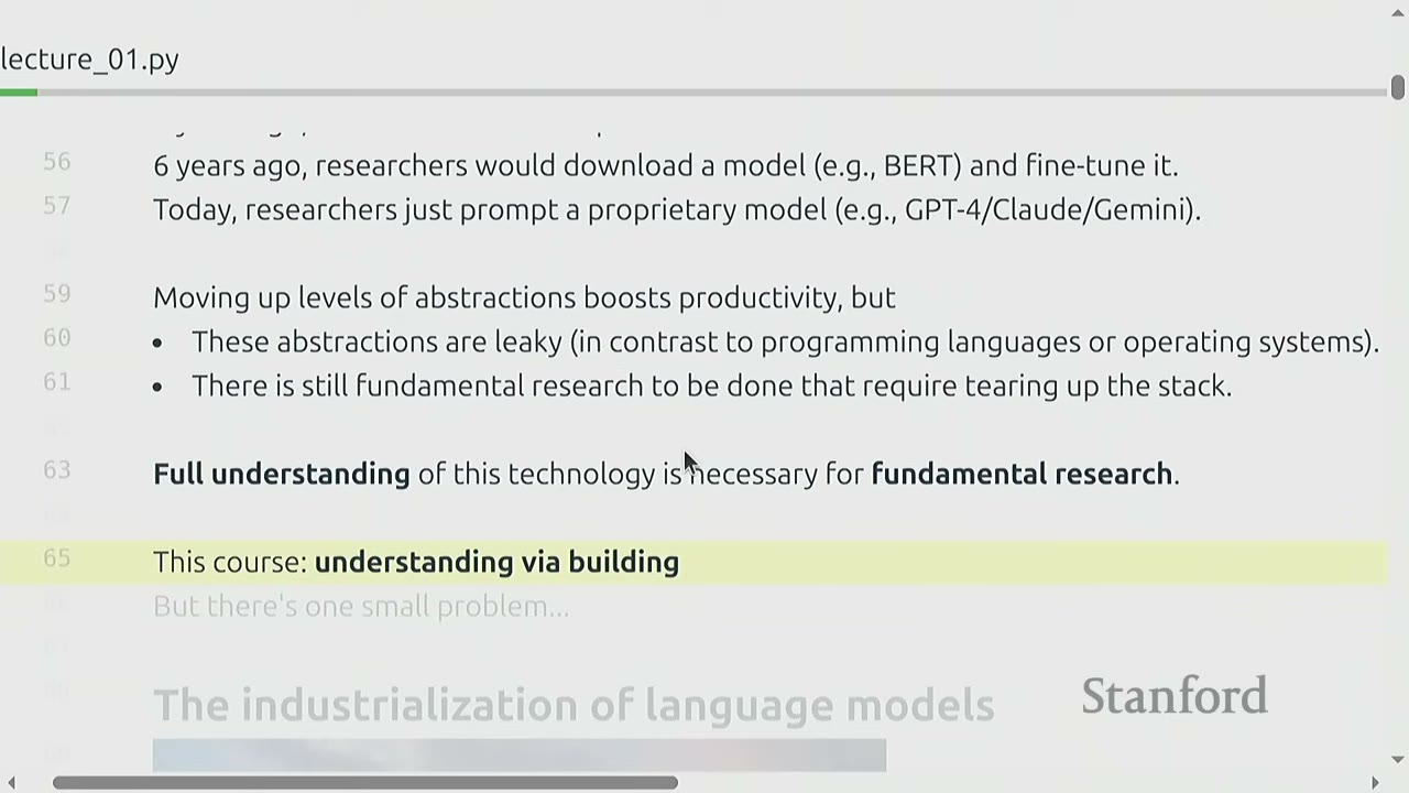 Text explaining the course's focus on understanding language models via building them.