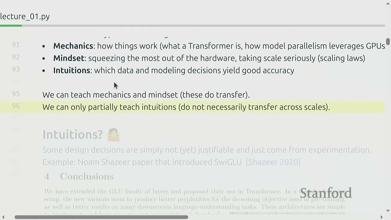 Text highlighting the teachable aspects (mechanics, mindset) versus intuitions in ML.