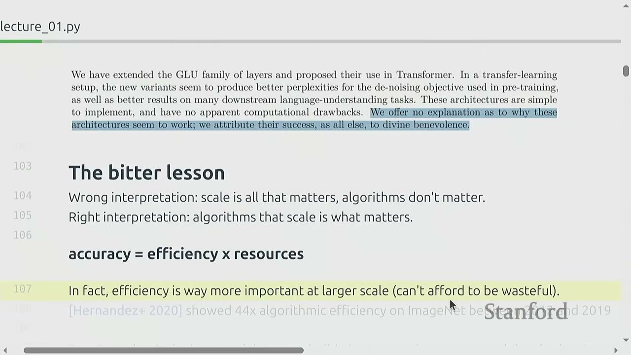 Text explaining the "bitter lesson" of accuracy, efficiency, and resources in ML.