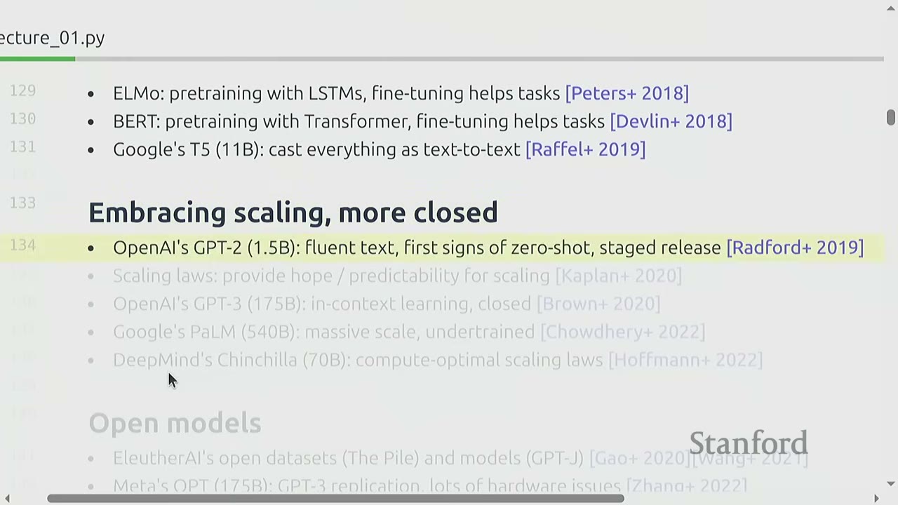 A list of early foundation models, including OpenAI's GPT-2 and Google's PaLM.