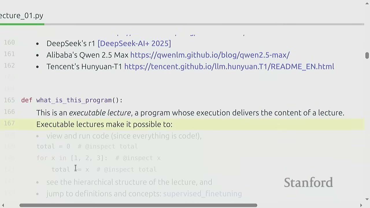 Text defining an "executable lecture" and its benefits, including viewing and running code.