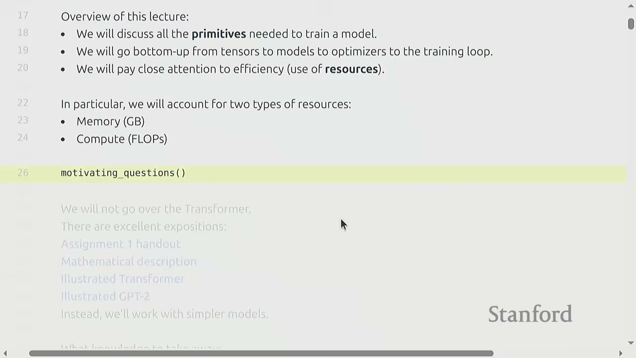 The slide shows an overview of the lecture, focusing on primitives, tensors, and efficiency.