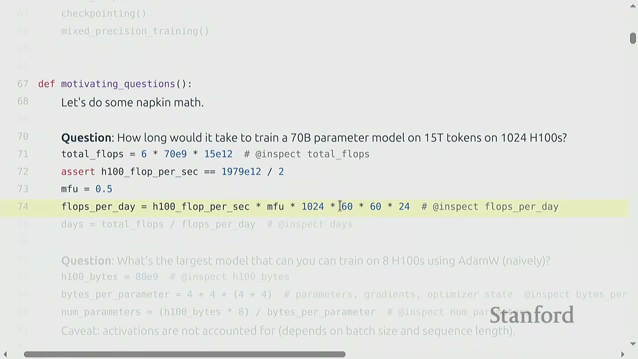 The slide shows Python code for calculating FLOPs per day for a 70B parameter model.