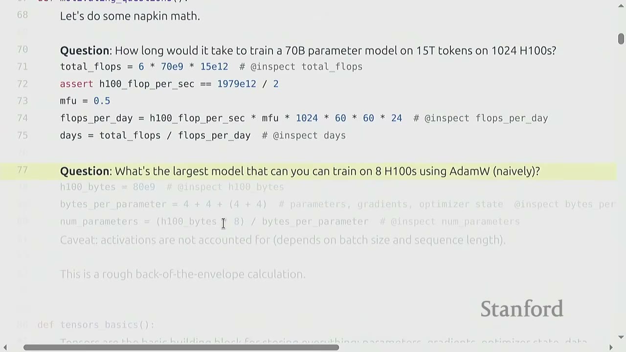 The slide shows a question about the largest model trainable on 8 H100s using AdamW.