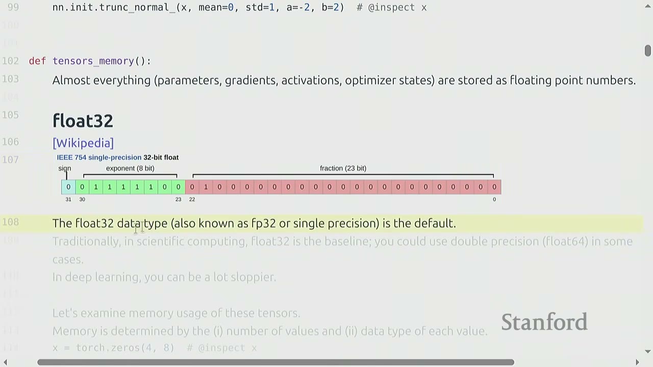 The slide shows a diagram of the float32 data type with its sign, exponent, and fraction.