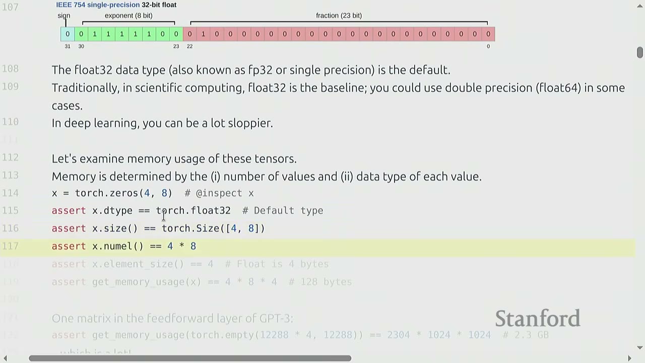 The slide shows Python code demonstrating memory usage of tensors with float32.