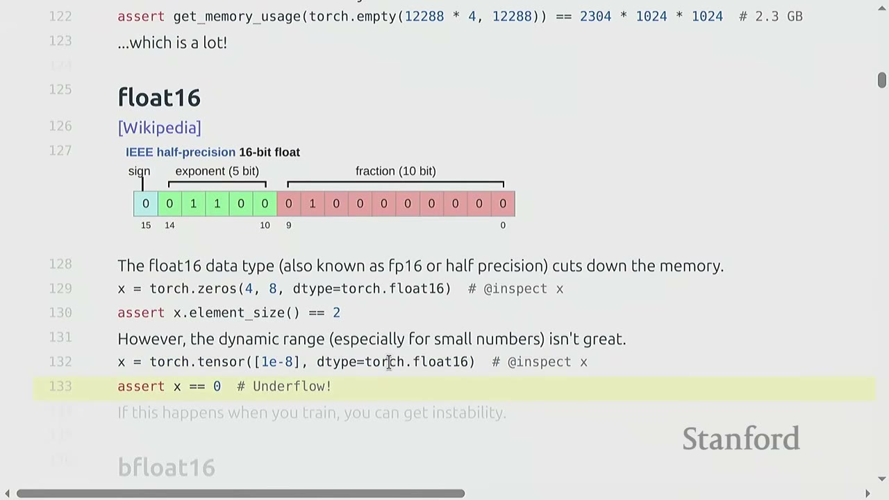 The slide shows a diagram of the float16 data type and code demonstrating its properties.
