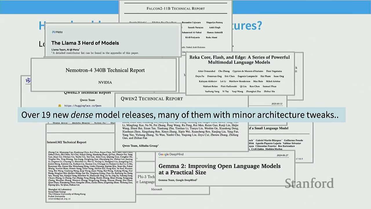 Slide: "How to pick architectures?" with many research paper titles on language models.