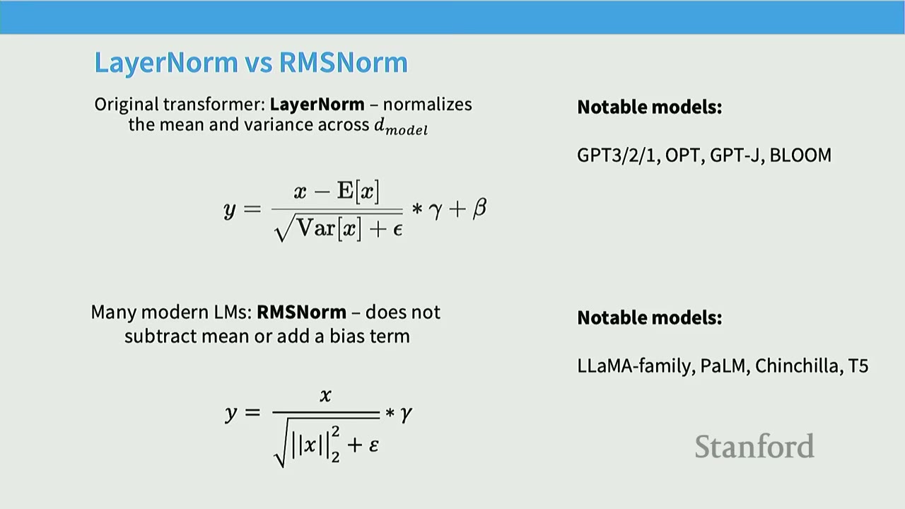 Slide: "LayerNorm vs RMSNorm" with equations for both normalization types and notable models.