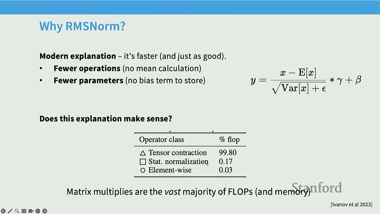 Slide: "Why RMSNorm?" explaining fewer operations/parameters, with a table of flop percentages.