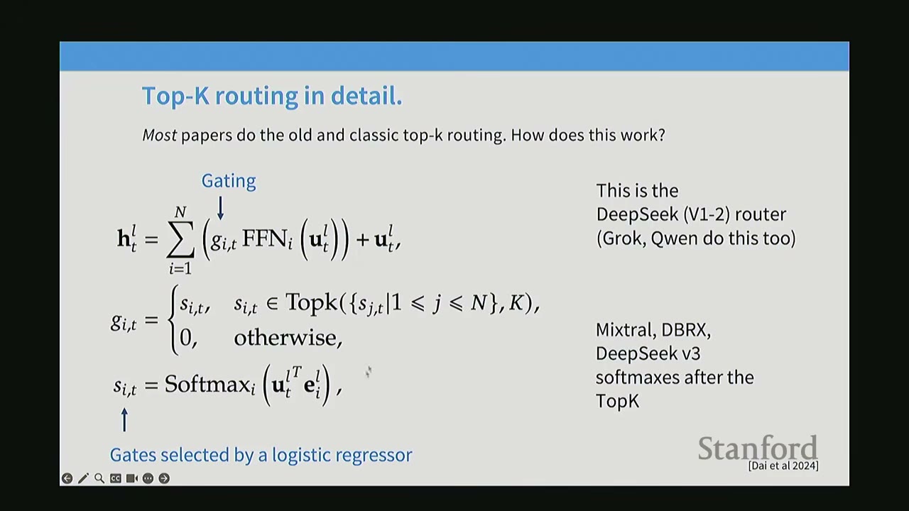 Speaker presenting a slide on Top-K routing in detail, showing gating and softmax functions.
