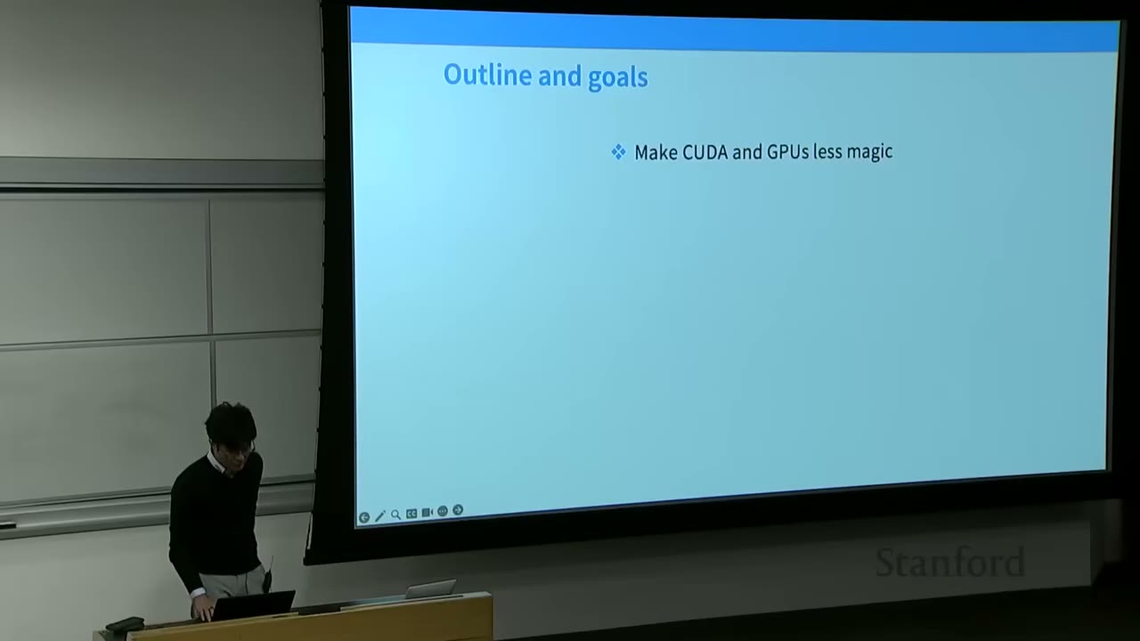The slide shows the outline and goals of the lecture, focusing on making CUDA and GPUs less magical.