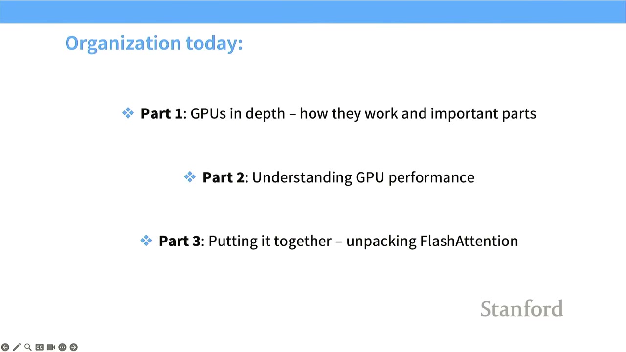 The slide outlines the lecture's organization into three parts: GPUs, GPU performance, and FlashAttention.