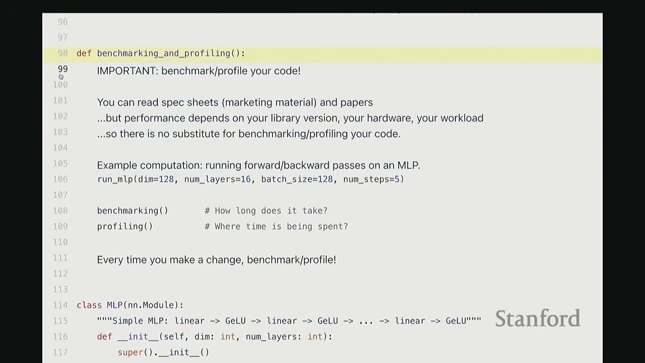 A code snippet defining `benchmarking_and_profiling()` and emphasizing the importance of benchmarking.