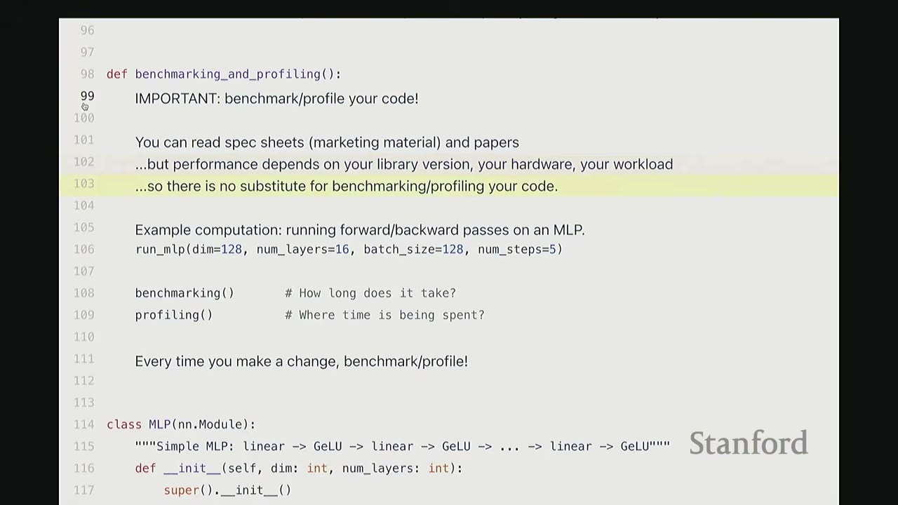 The slide highlights the text: "...so there is no substitute for benchmarking/profiling your code."