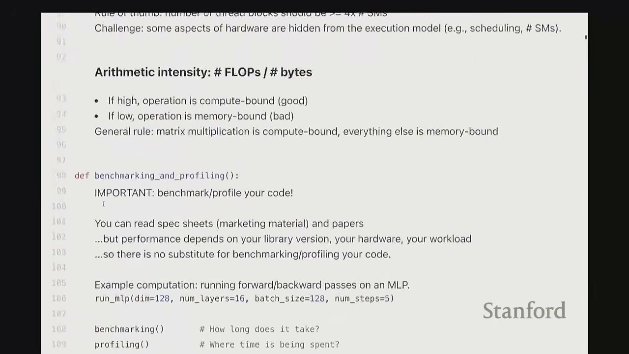 The slide shows the definition of "Arithmetic intensity: # FLOPs / # bytes" and its implications.