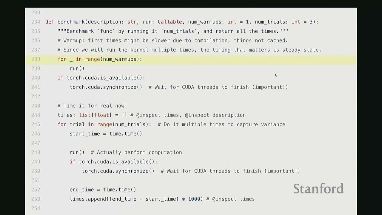 A Python code snippet for a `benchmark` function, including warm-up runs and timing trials.