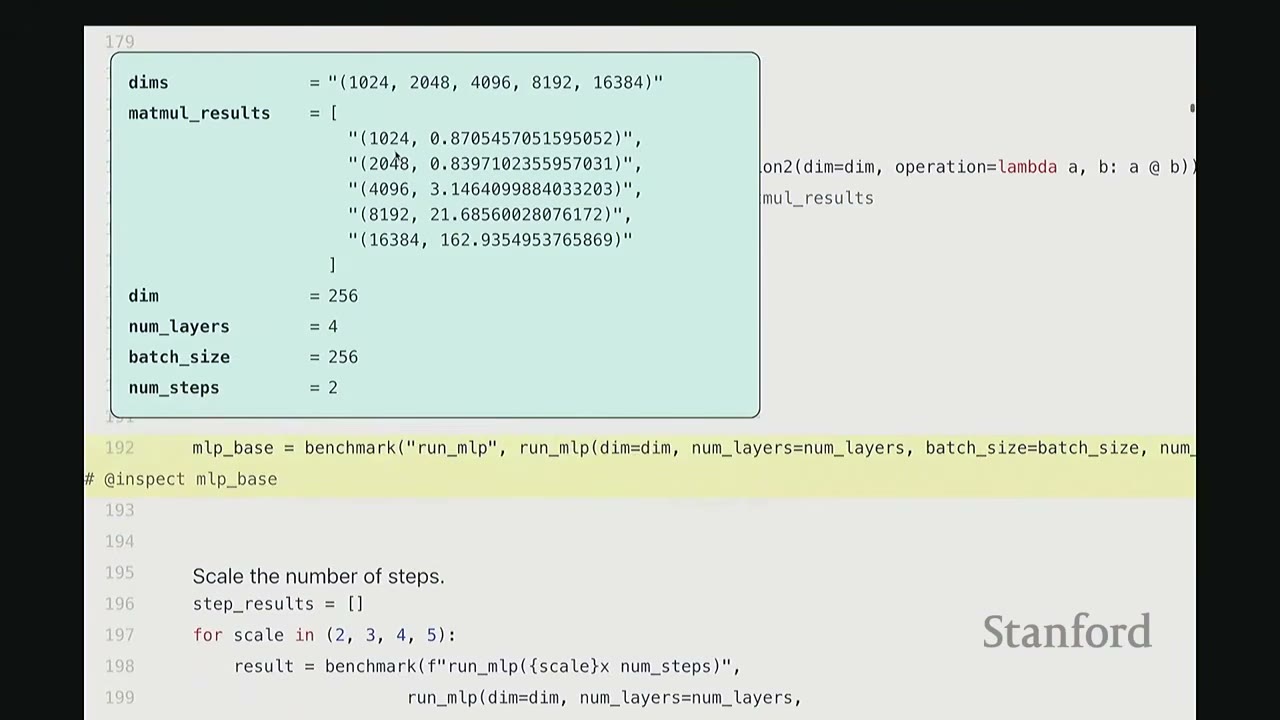 A code snippet showing `matmut_results` and parameters for an MLP, with a call to `benchmark`.
