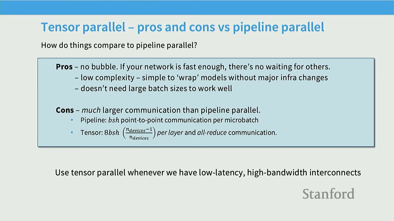 Slide comparing pros and cons of tensor parallel versus pipeline parallel communication.