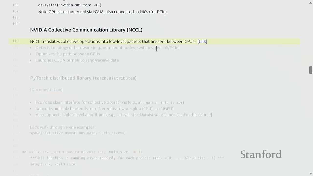 Slide explaining NVIDIA Collective Communication Library (NCCL) and its functions.