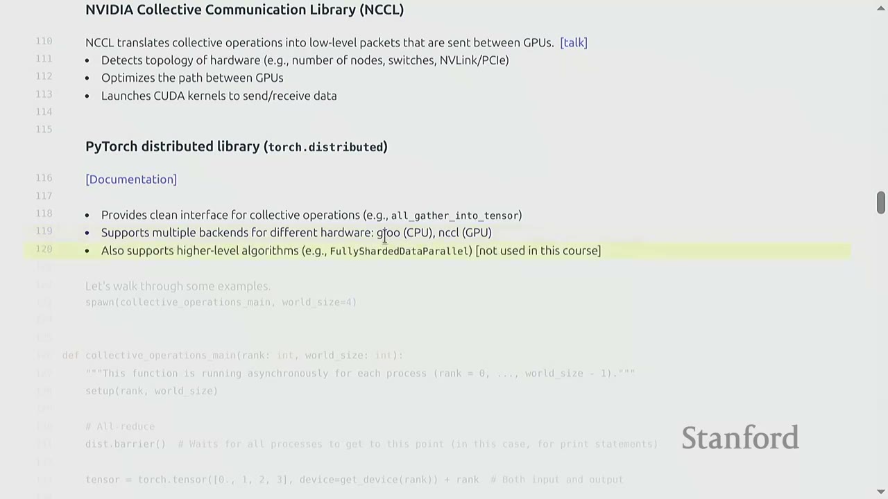 Slide detailing PyTorch distributed library (torch.distributed) capabilities.
