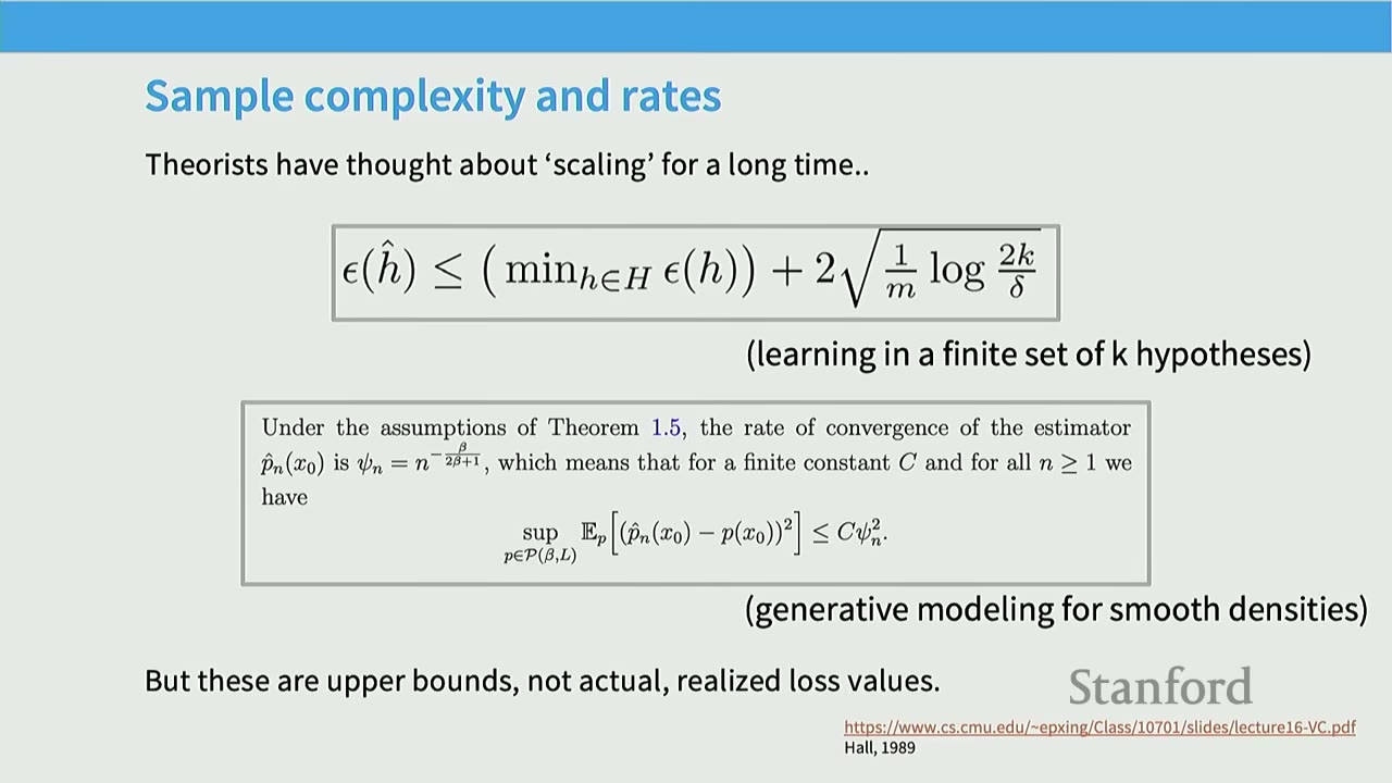 Slide title: Sample complexity and rates, showing two mathematical equations related to learning theory.