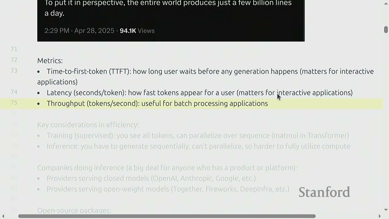 The slide lists metrics for evaluating inference: TTFT, Latency, and Throughput.