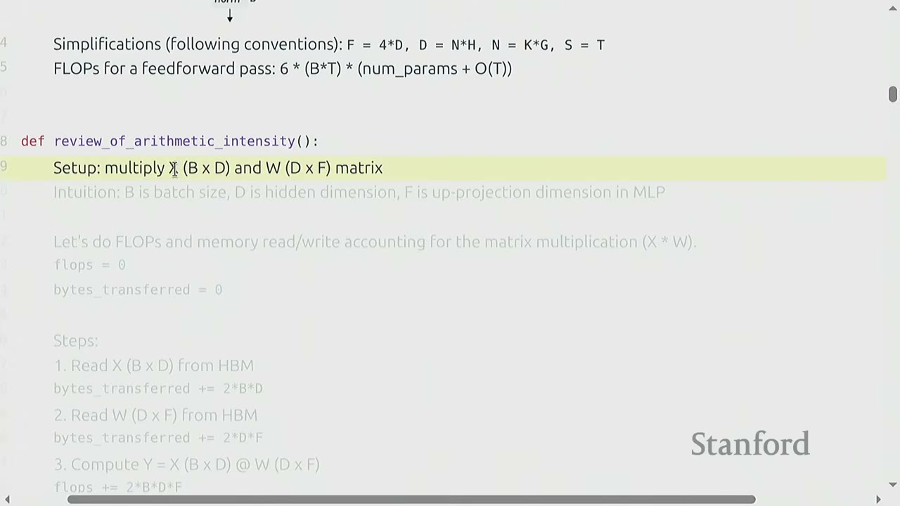 The slide shows code for `review_of_arithmetic_intensity` and explains matrix multiplication setup.