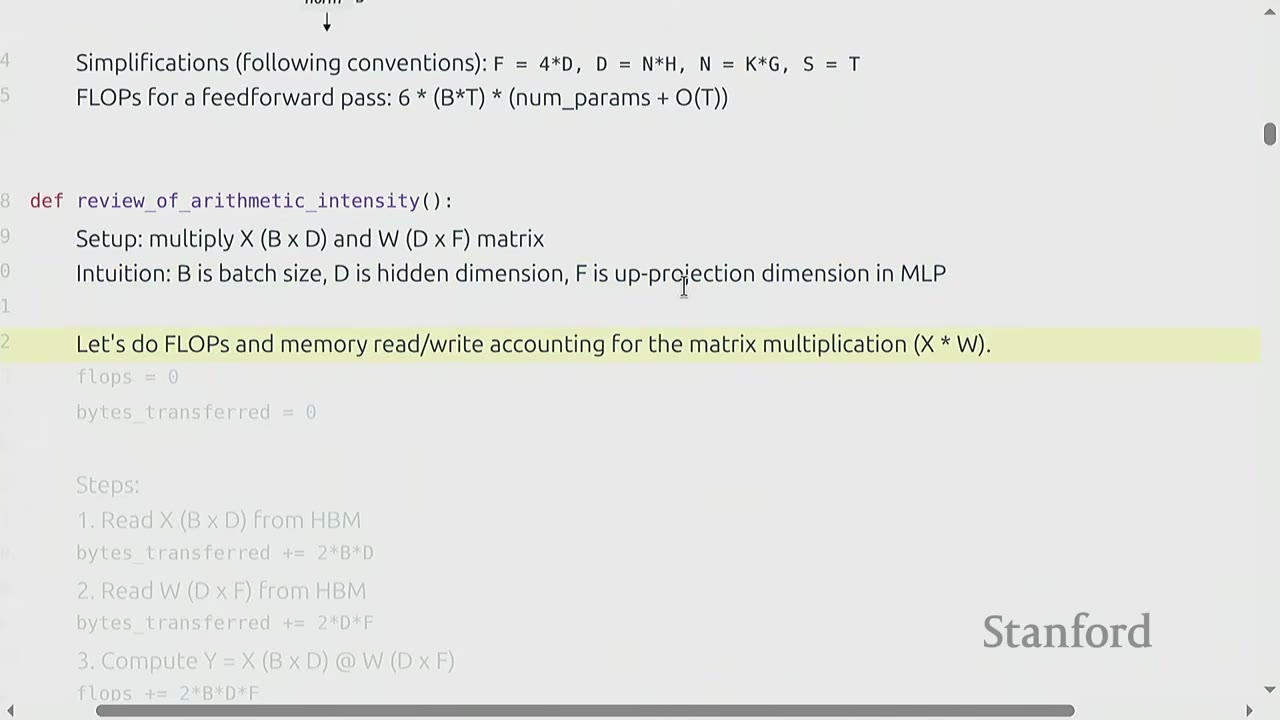 The slide highlights the section on calculating FLOPs and memory read/write for matrix multiplication.