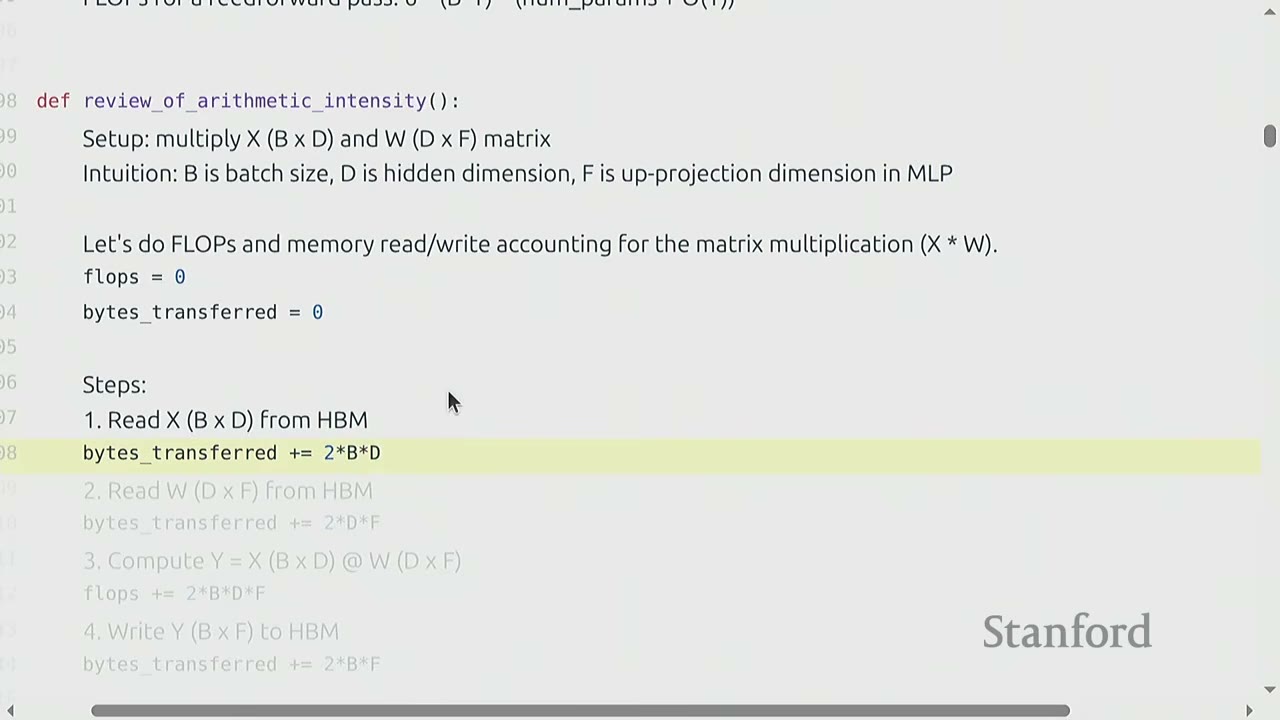 The slide details the steps for calculating bytes transferred during matrix multiplication from HBM.