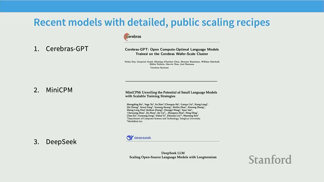 Slide listing "Recent models with detailed, public scaling recipes" including Cerebras-GPT, MiniCPM, and DeepSeek.