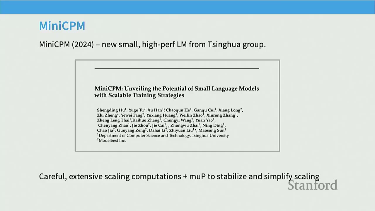 Slide introducing "MiniCPM (2024)" from Tsinghua group, emphasizing scaling computations and mUP.