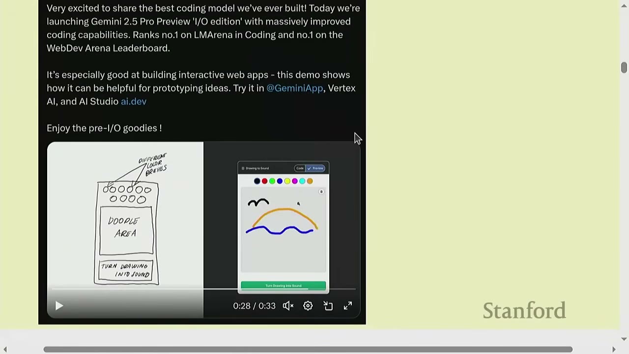 Slide discussing Gemini 2.5 Pro Preview and a video demonstrating its capabilities.