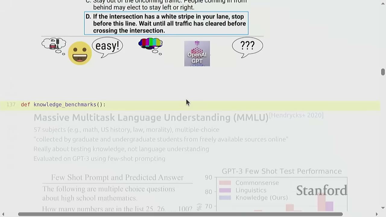 Slide showing a multiple-choice question and a code snippet for knowledge benchmarks.