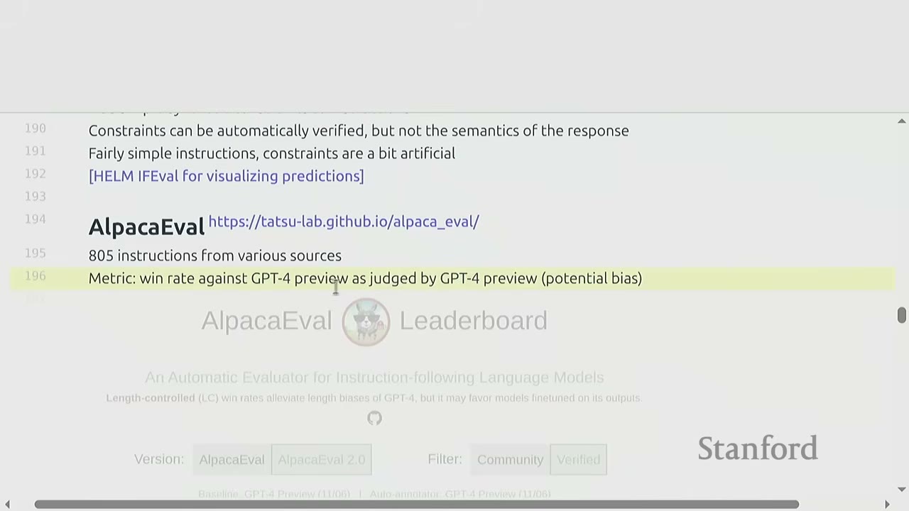 Slide introducing AlpacaEval, a metric for instruction-following language models.