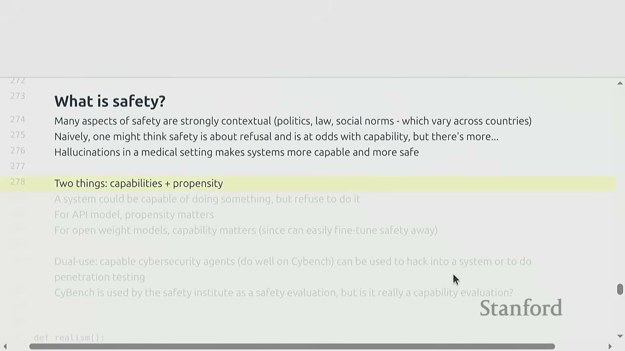 Slide defining safety in language models, focusing on capabilities and propensity.
