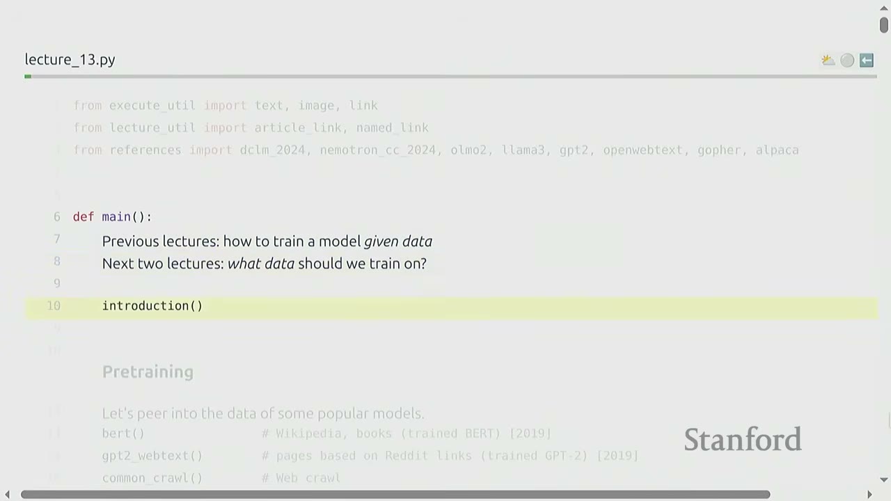 Python code for lecture_13.py, outlining topics on training models and data selection.