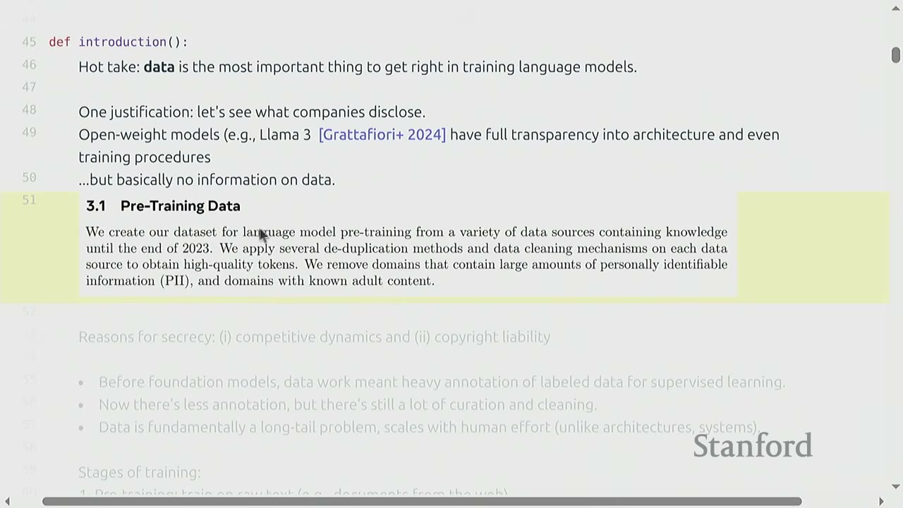 Slide section "Pre-Training Data" detailing dataset creation and data cleaning methods.