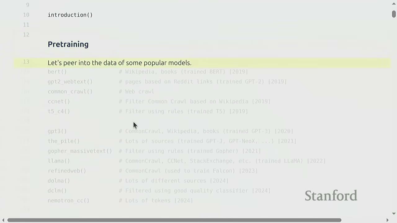 Python code snippet listing popular models and their data sources for pretraining.