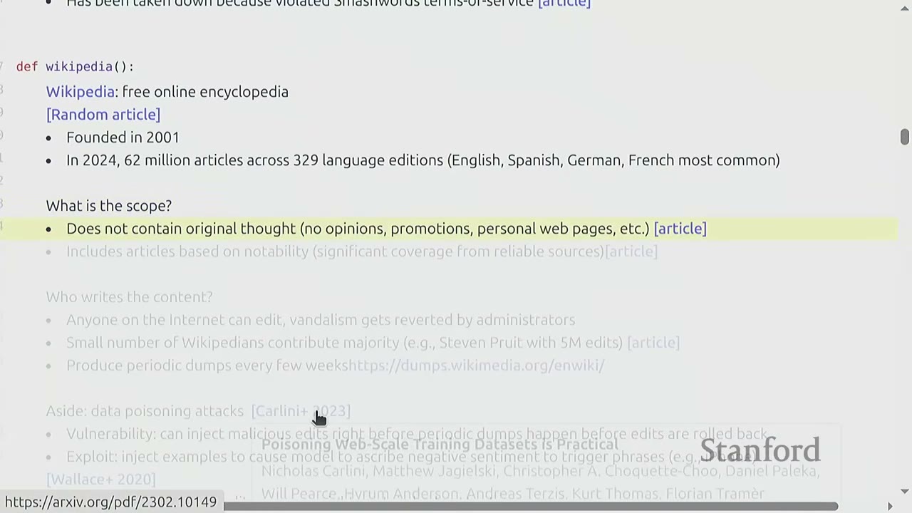 Slide detailing Wikipedia's scope, content, and data poisoning attacks.