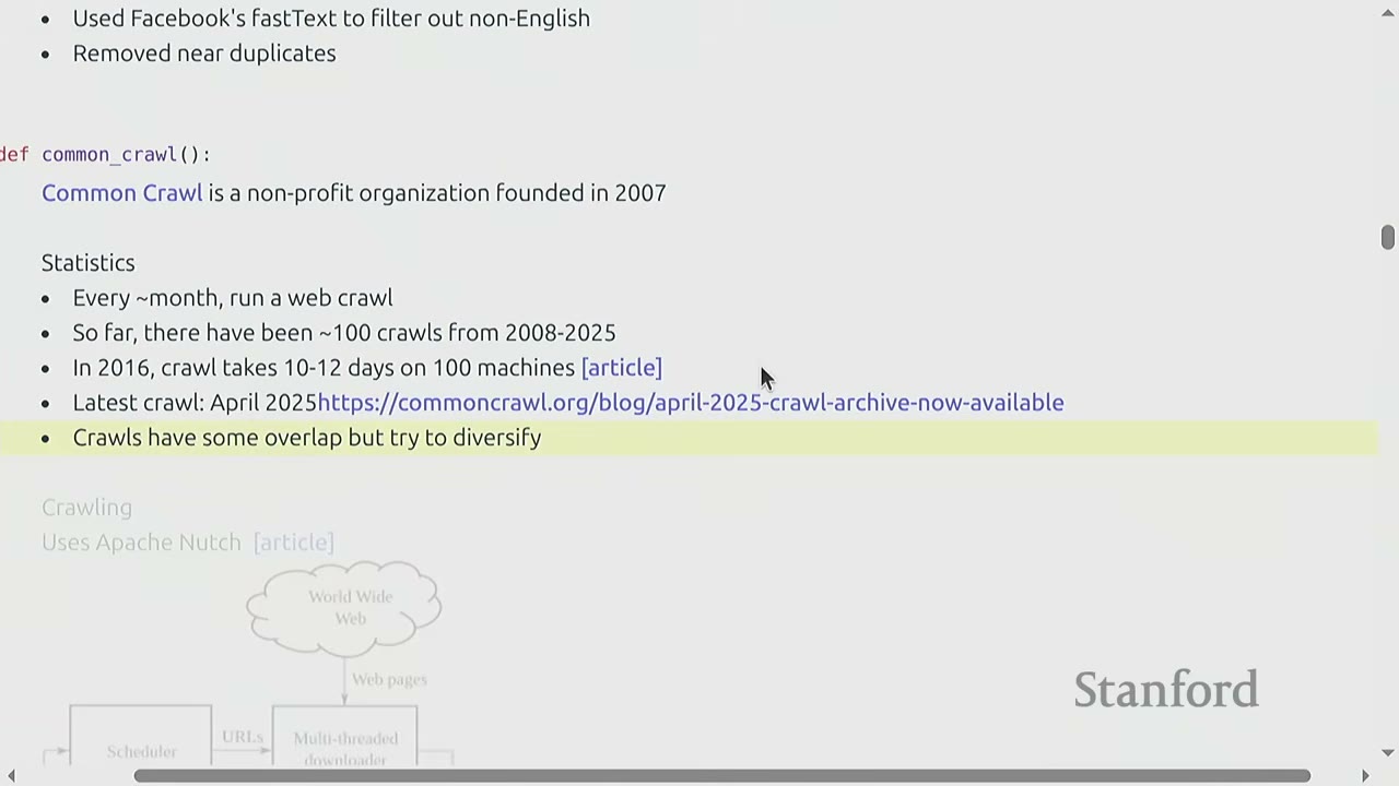 Slide on Common Crawl statistics, including frequency, duration, and overlap of crawls.