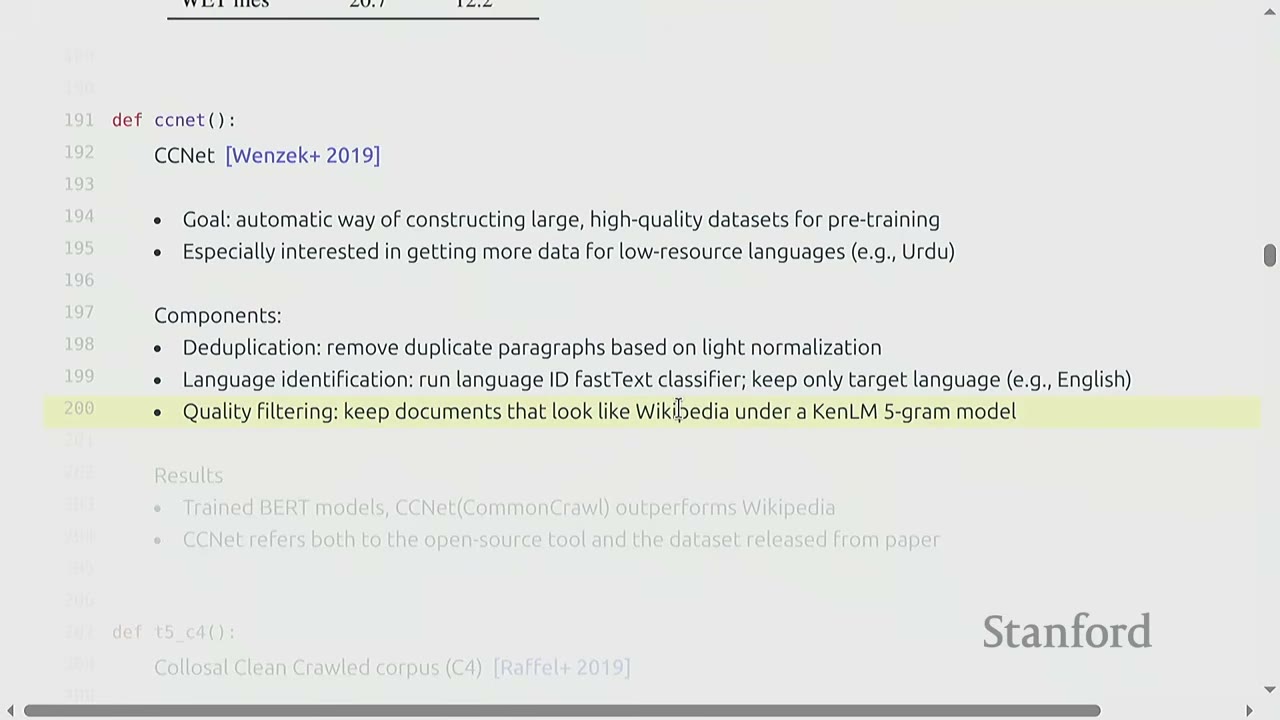 Slide on CCNet, its goal of constructing high-quality datasets, and components like quality filtering.