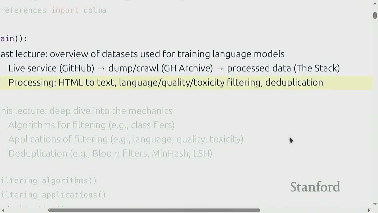 A slide highlights the processing steps for language model training data: HTML to text, filtering, and deduplication.