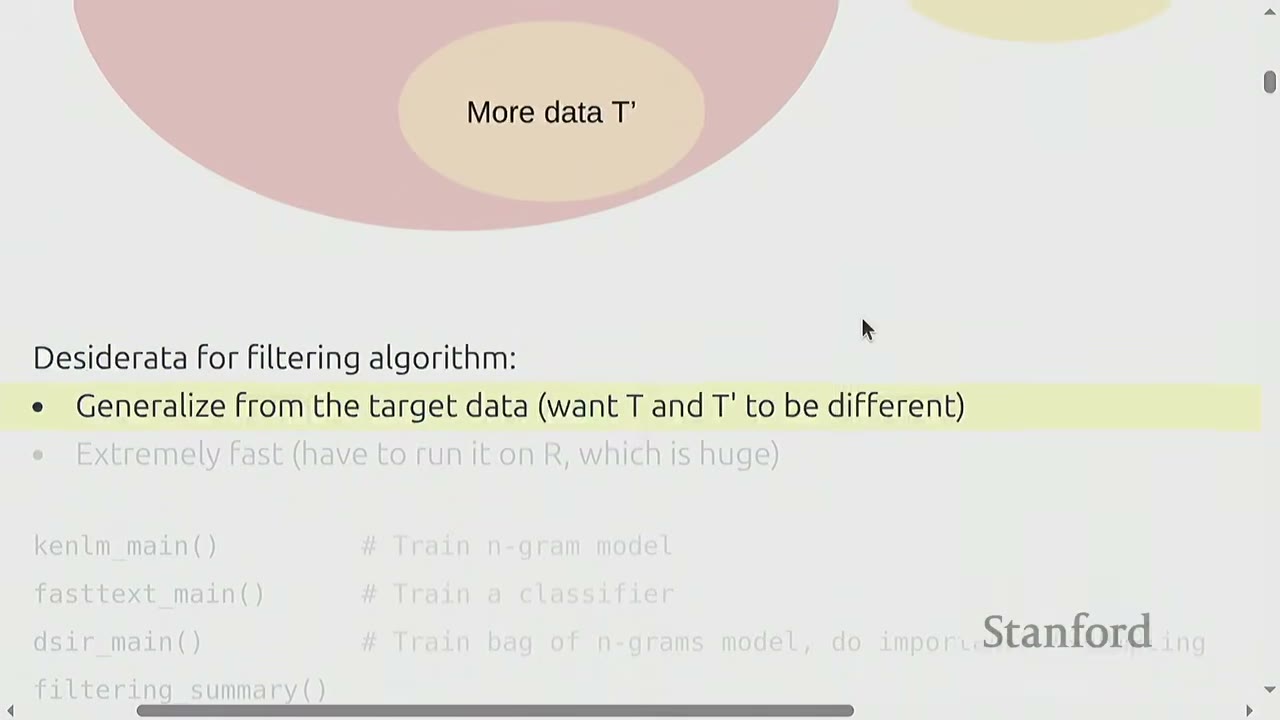 A slide shows desiderata for filtering algorithms, emphasizing generalization from target data and speed.