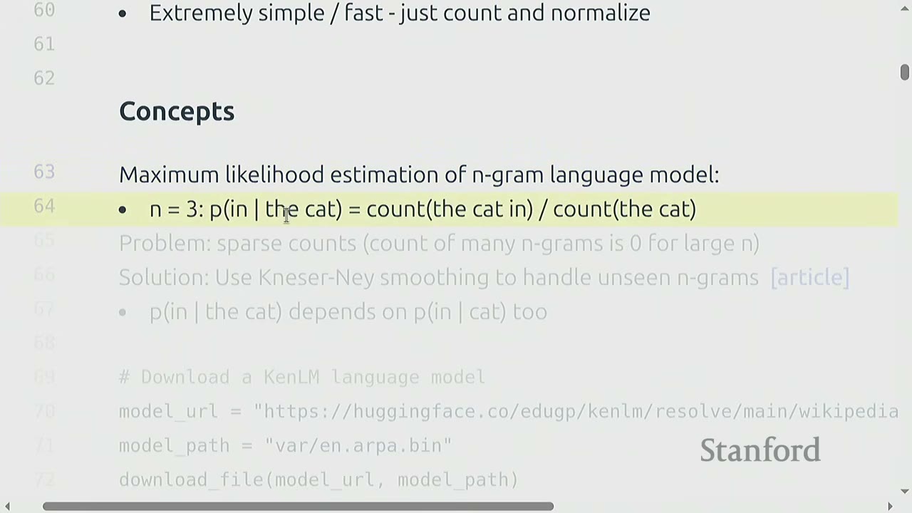 A slide explains maximum likelihood estimation for n-gram language models, with an example for n=3.