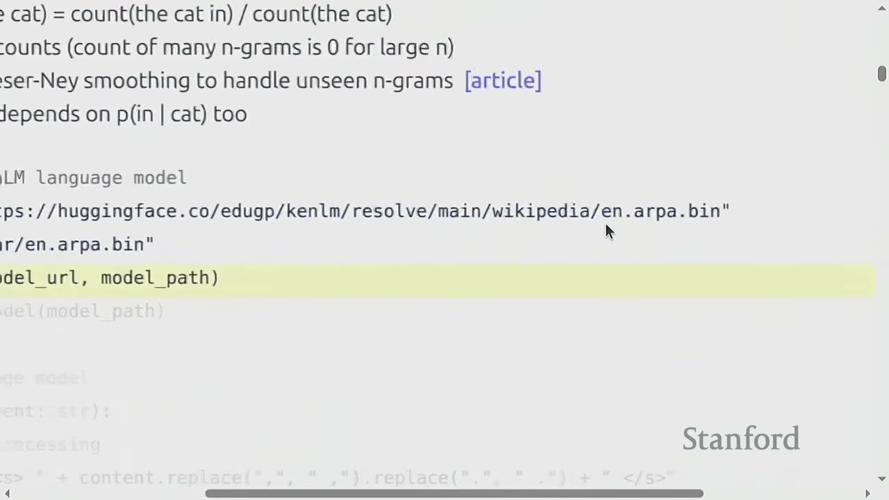 A slide displays Python code for downloading a KenLM language model from Hugging Face.