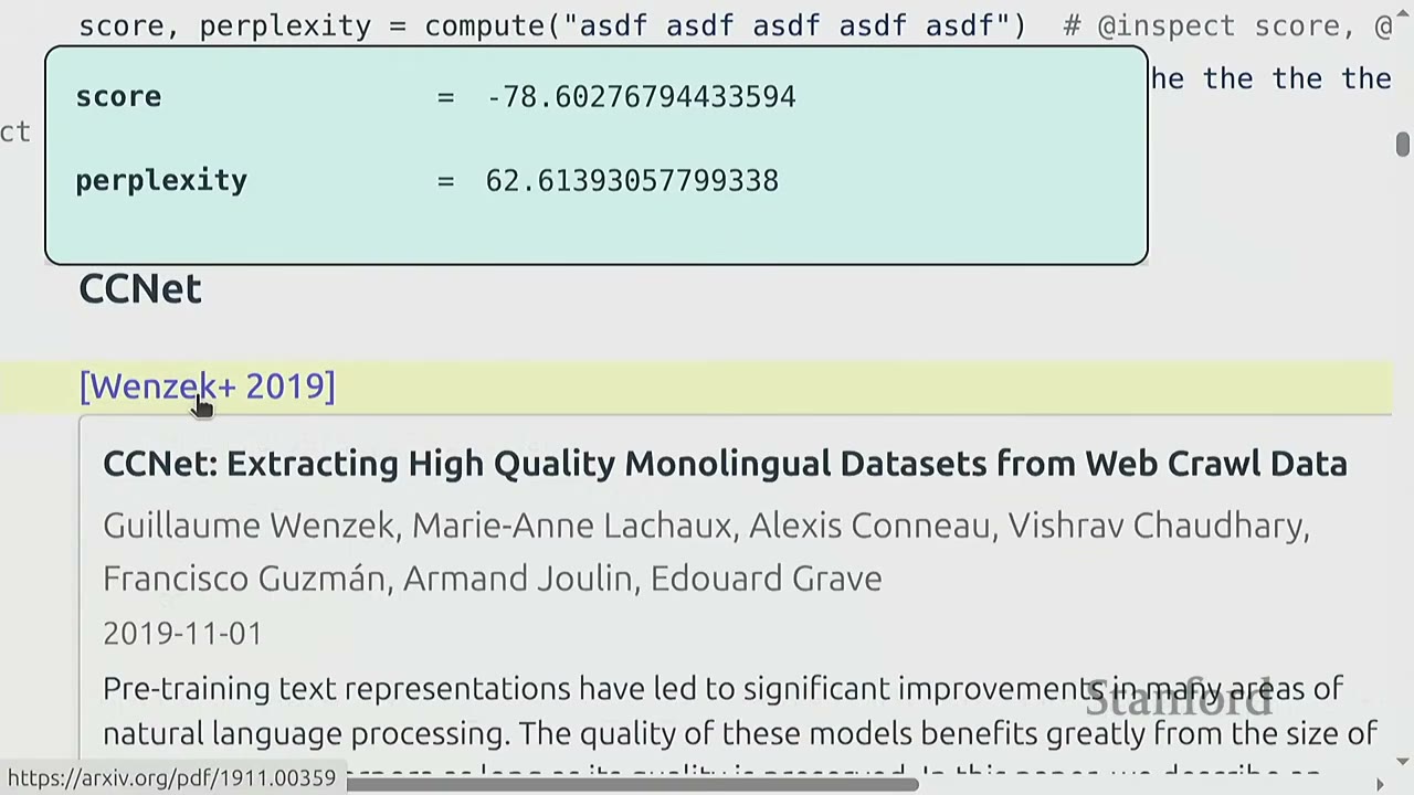 A slide shows computed score and perplexity values, and a reference to the CCNet paper.