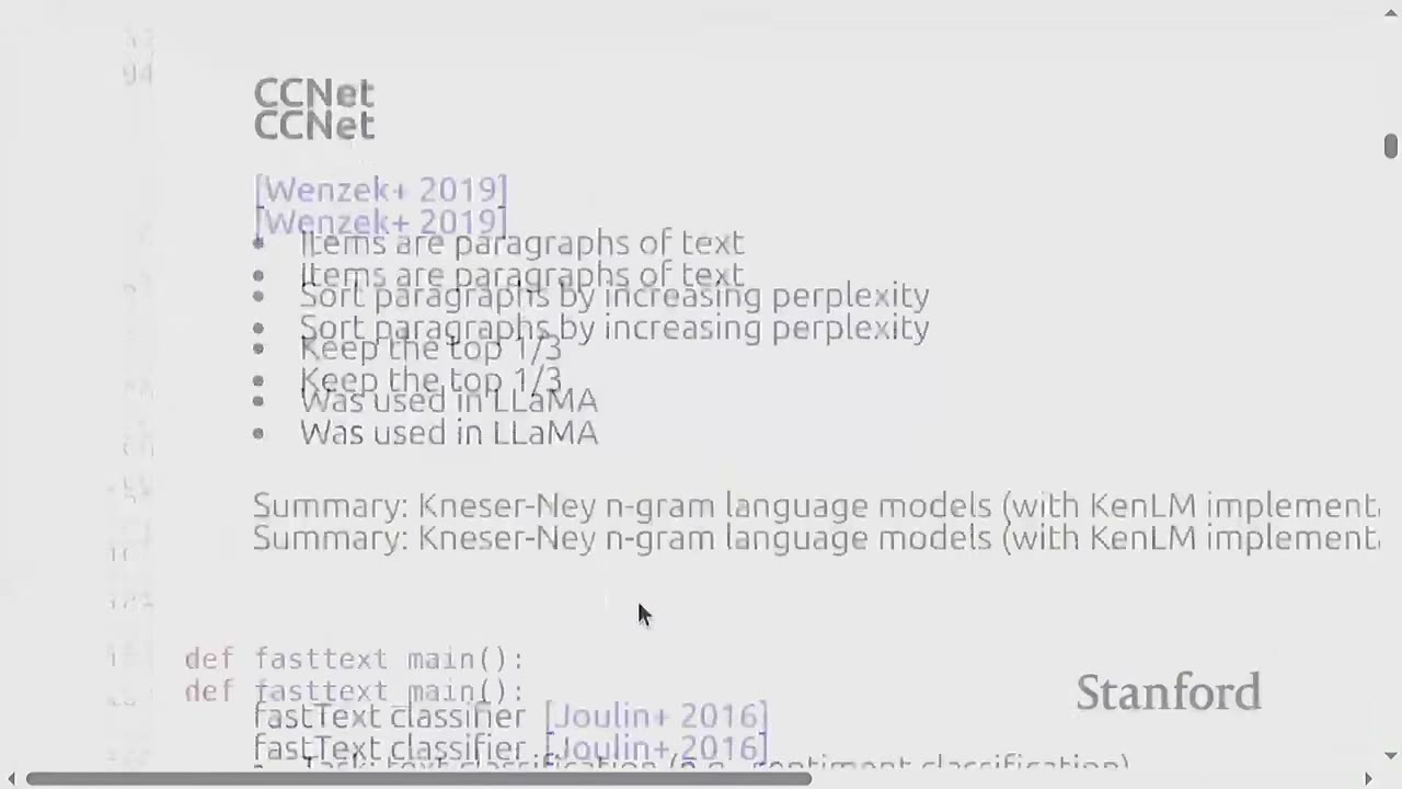 A slide lists characteristics of CCNet, including sorting paragraphs by perplexity and use in LLaMA.