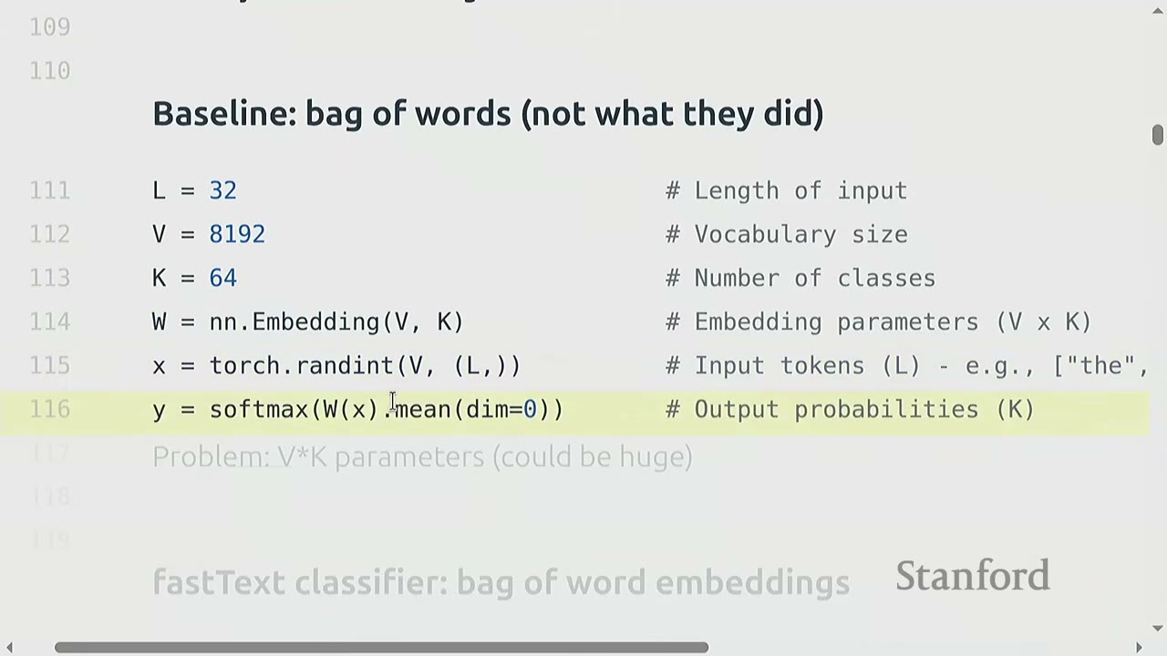A slide presents Python code defining a baseline bag-of-words model with input length, vocabulary, and classes.