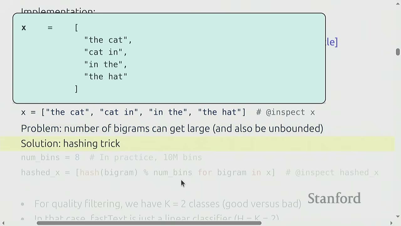 A slide illustrates the hashing trick solution for handling a large number of bigrams with example code.